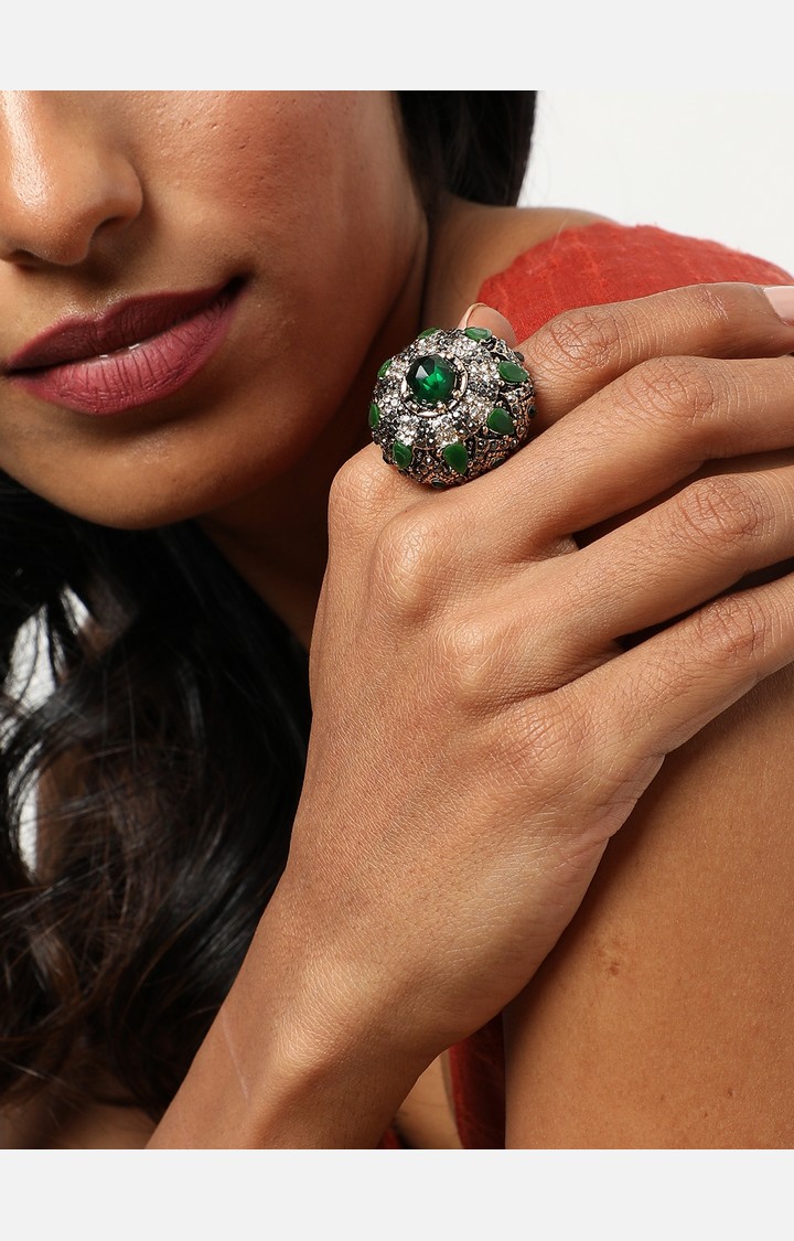 SOHI Gold-Plated Green Stone-Studded Finger Ring
