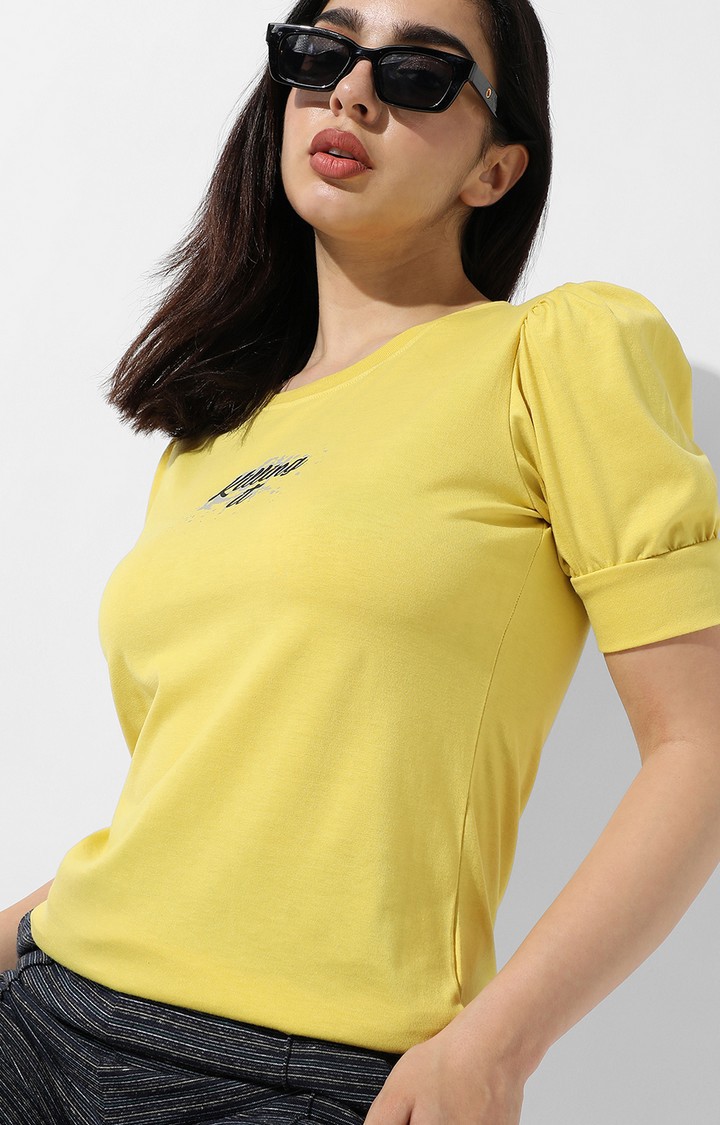 Women's Yellow Typographic Regular T-Shirts