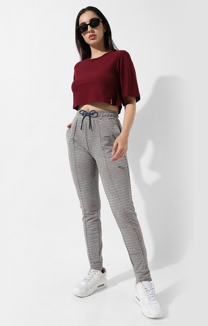 Women's Light Grey Striped Polycotton Trackpants