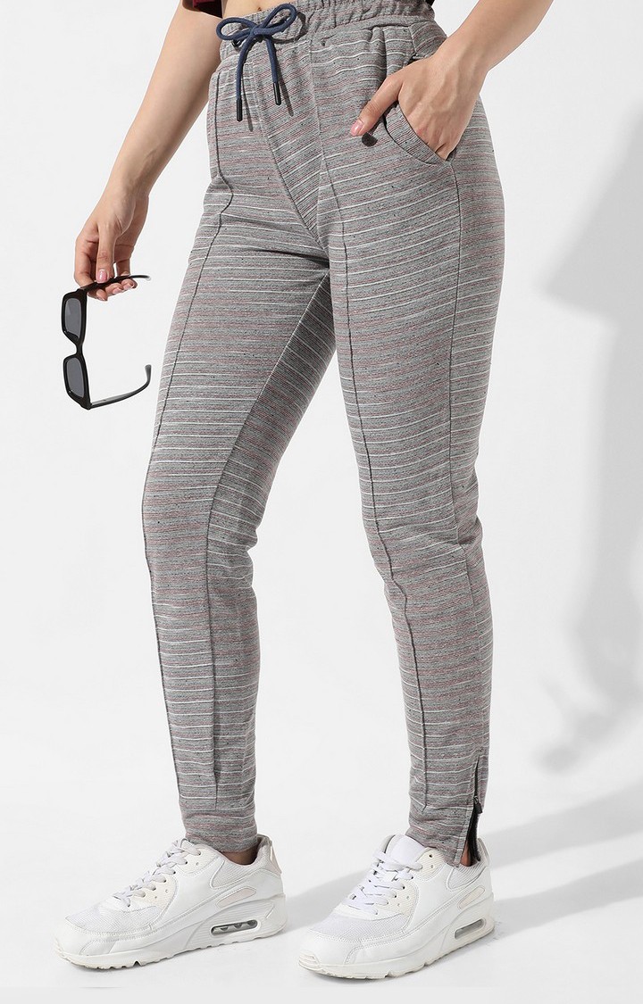 Women's Light Grey Striped Polycotton Trackpants