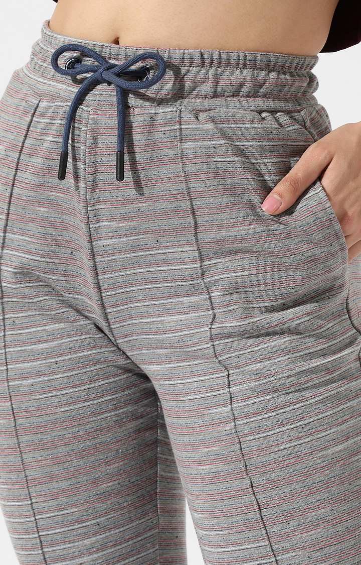 Women's Light Grey Striped Polycotton Trackpants