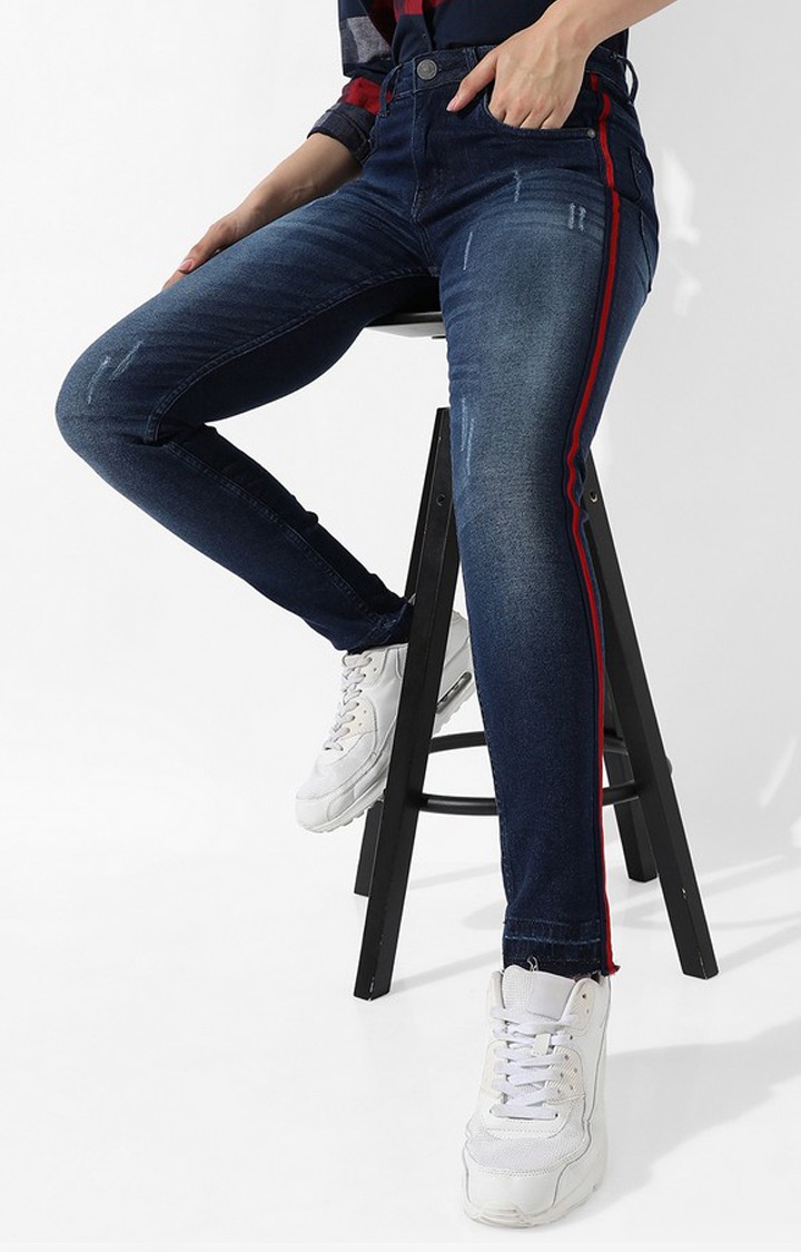 Women's Navy Blue Ripped Denim Slim Jeans