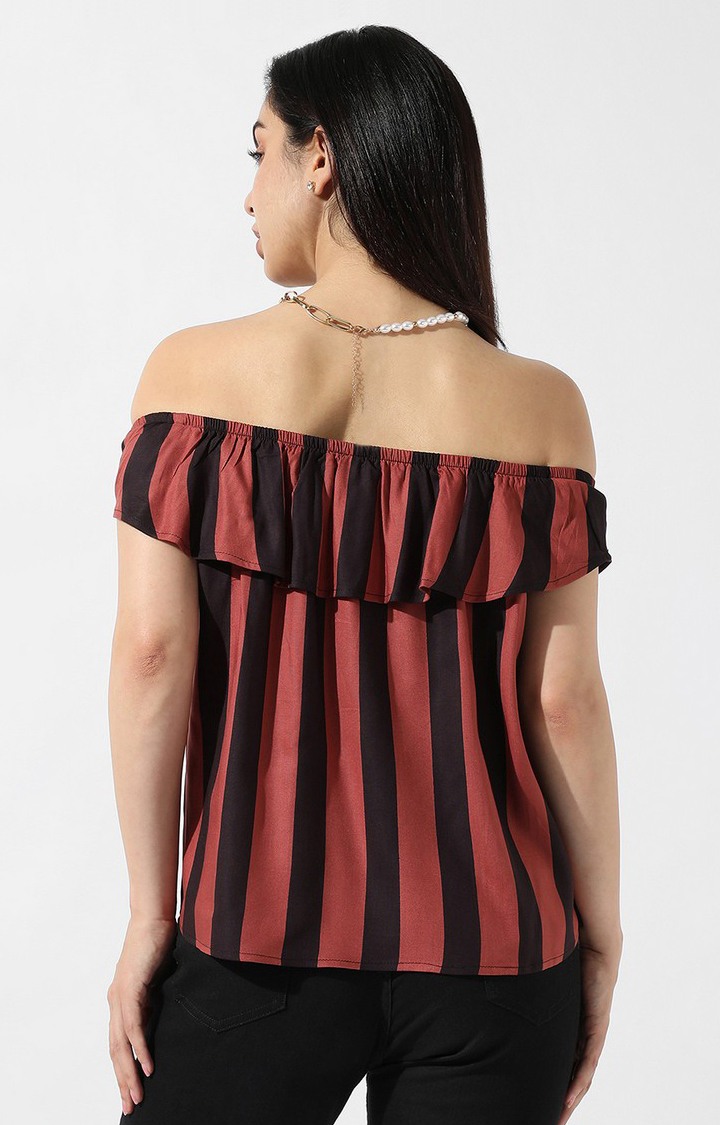Women's Brown Striped Off Shoulder Top