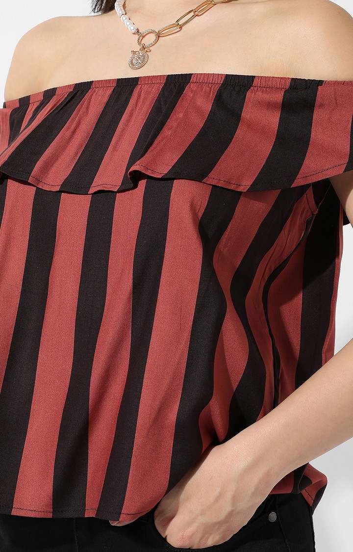 Women's Brown Striped Off Shoulder Top