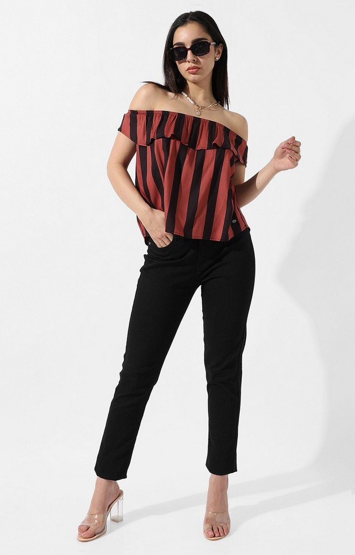 Women's Brown Striped Off Shoulder Top
