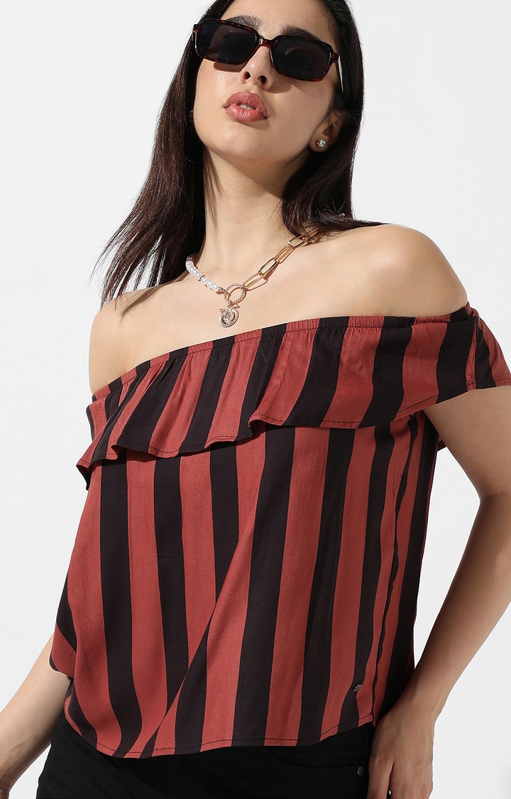 Women's Brown Striped Off Shoulder Top