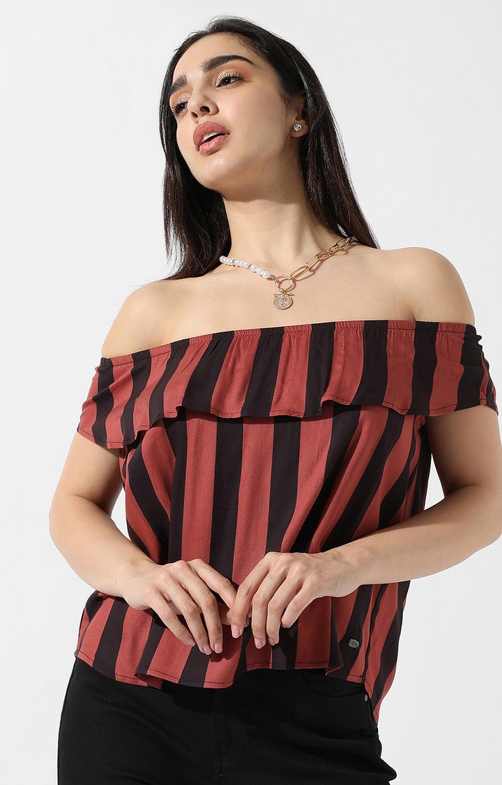Women's Brown Striped Off Shoulder Top