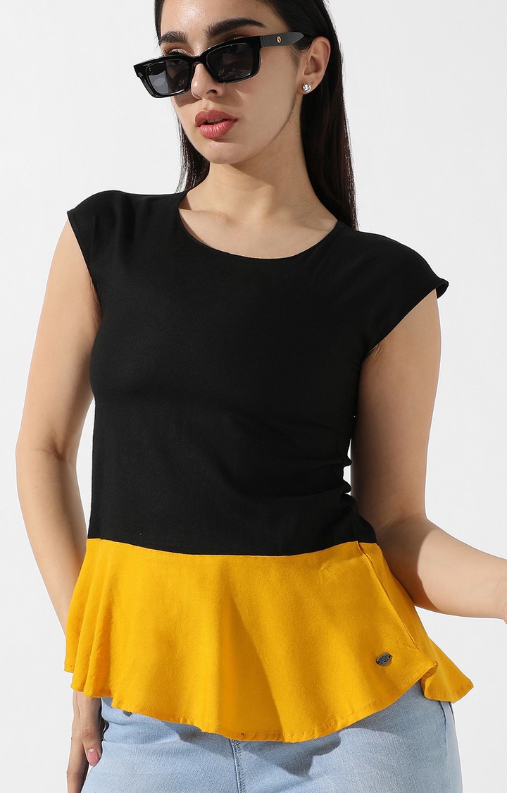 Women's Black Colourblock Peplum Top