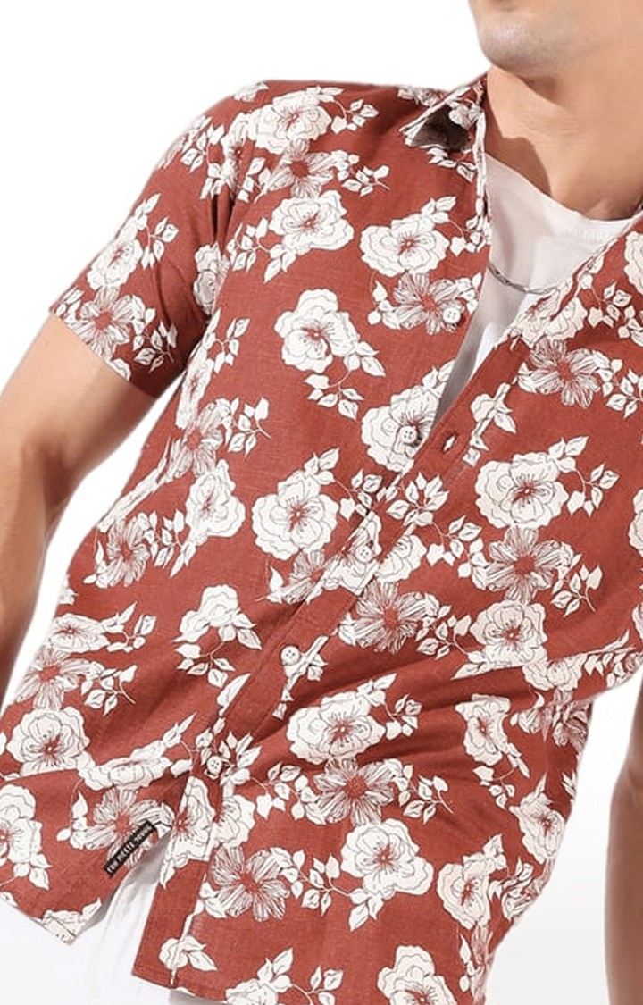 Men's Brown Linen Blend Floral Printed Casual Shirts