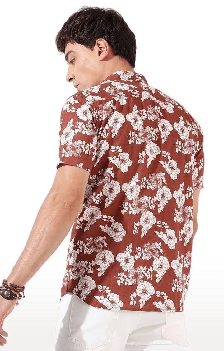 Men's Brown Linen Blend Floral Printed Casual Shirts