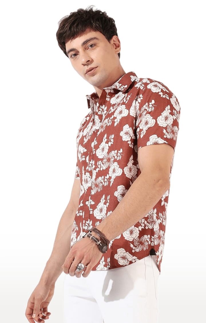 Men's Brown Linen Blend Floral Printed Casual Shirts