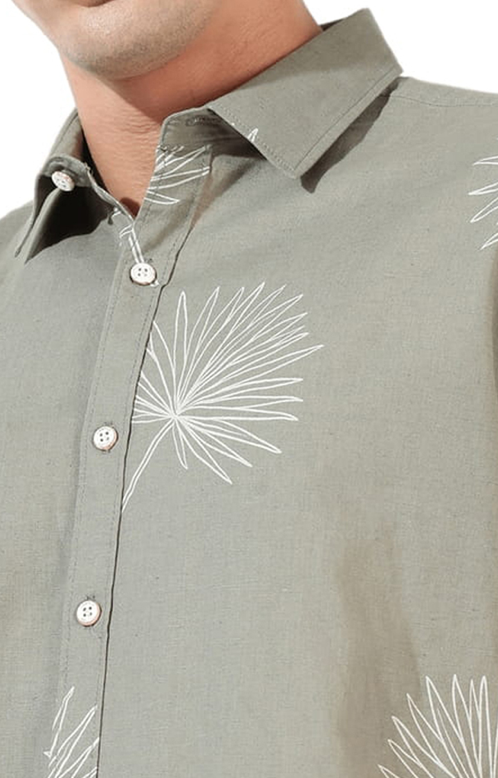 Men's Green Linen Blend Printed Casual Shirts