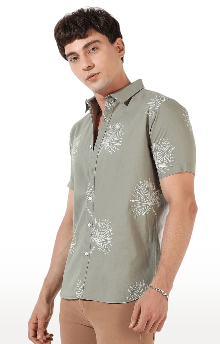 Men's Green Linen Blend Printed Casual Shirts