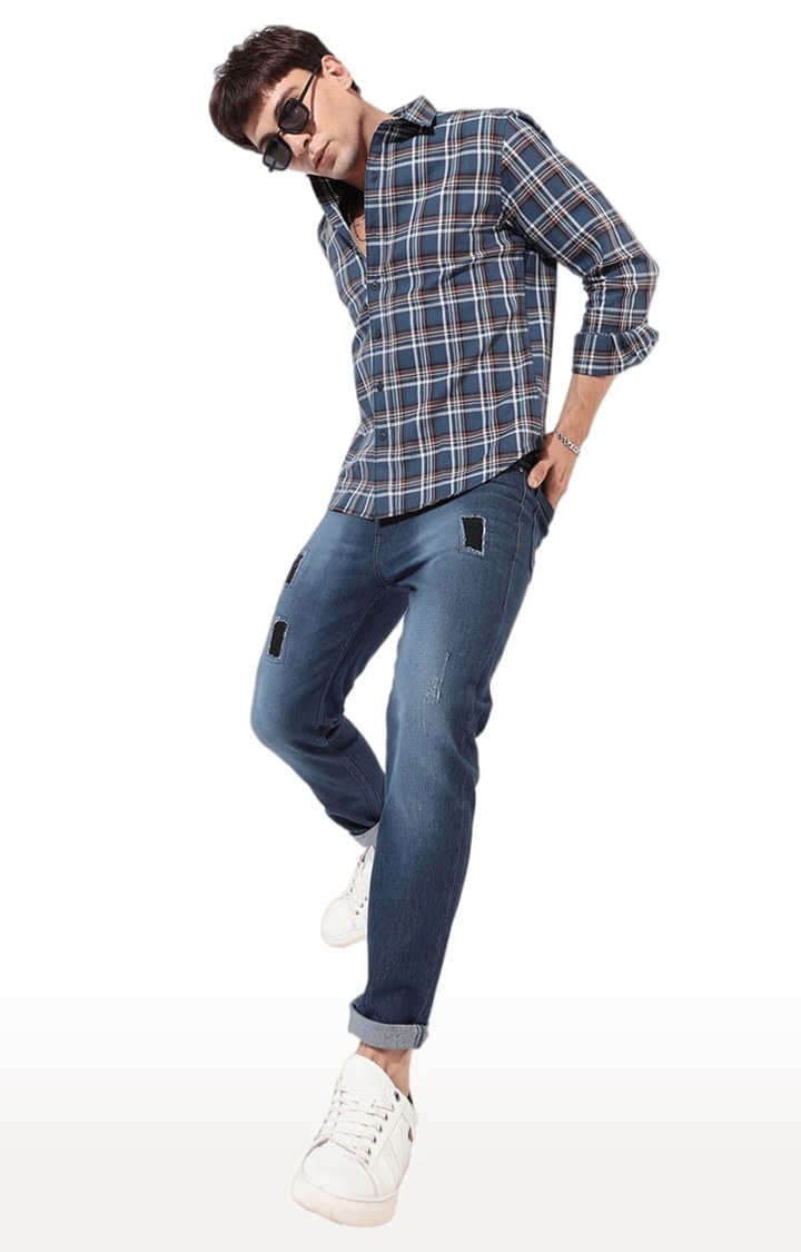 Men's Blue Cotton Blend Checkered Casual Shirts