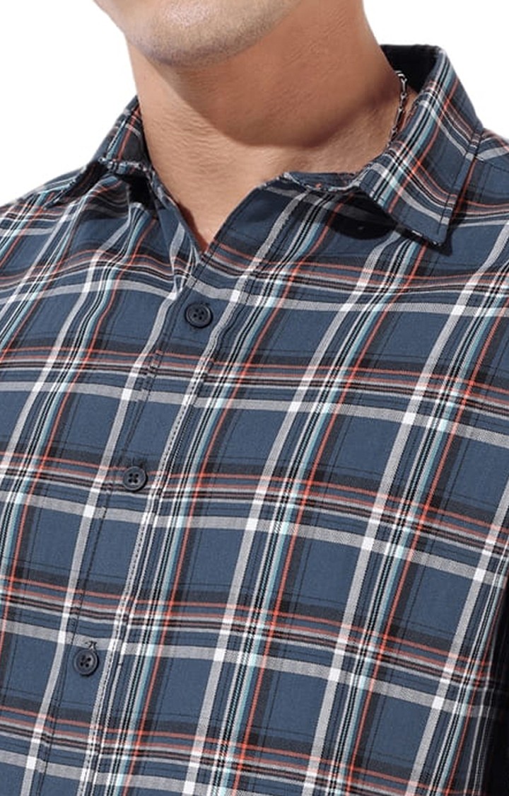 Men's Blue Cotton Blend Checkered Casual Shirts