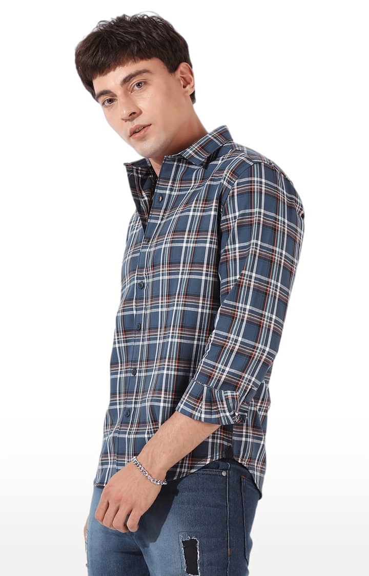 Men's Blue Cotton Blend Checkered Casual Shirts