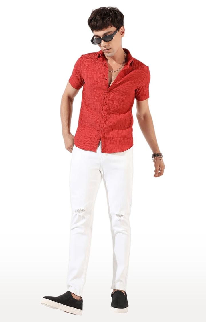 Men's Red Polyester Textured Casual Shirts