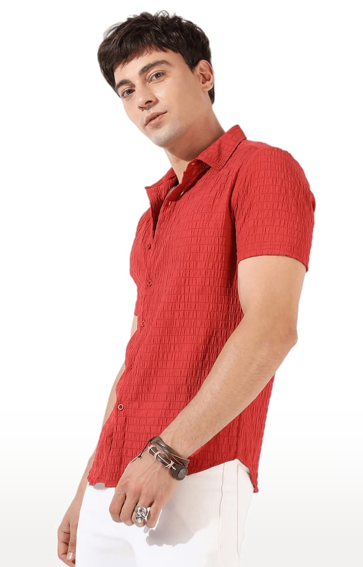 Men's Red Polyester Textured Casual Shirts