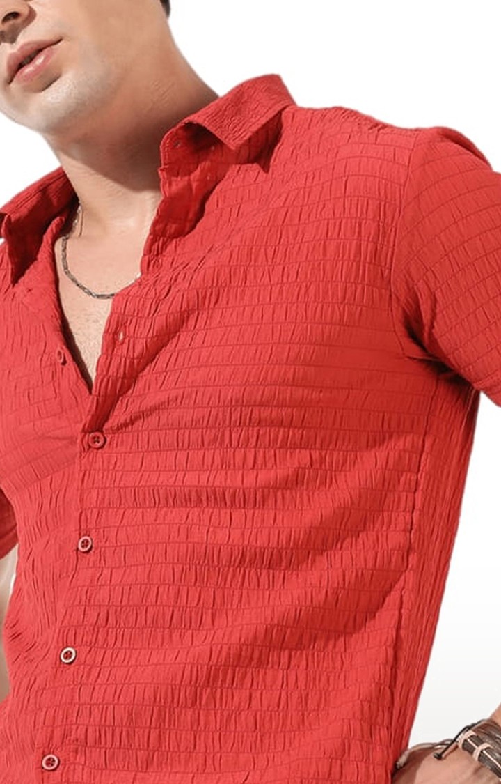 Men's Red Polyester Textured Casual Shirts