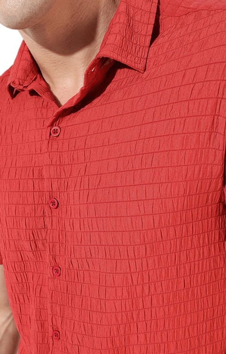 Men's Red Polyester Textured Casual Shirts