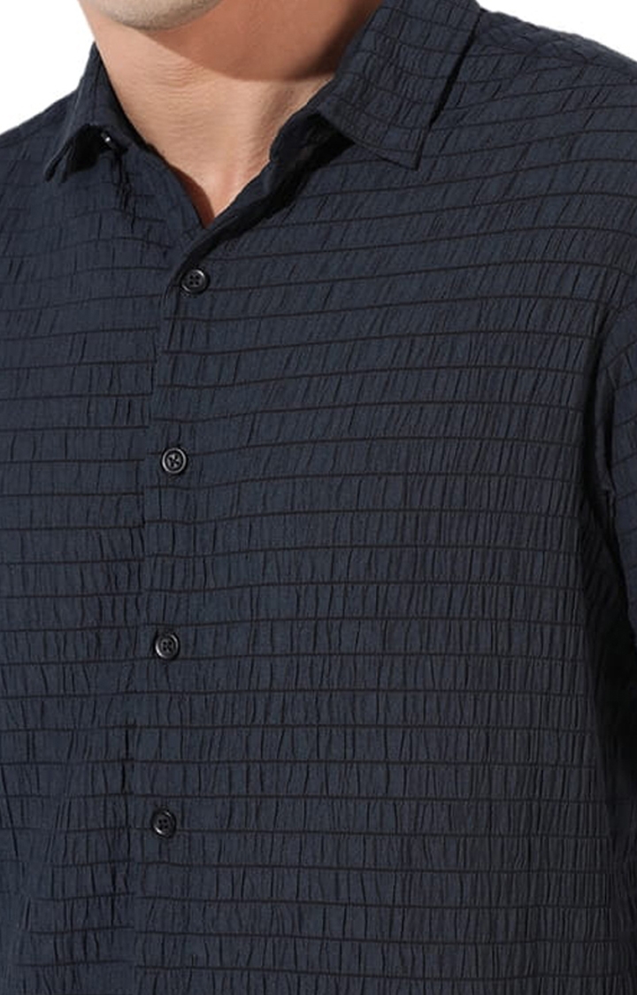 Men's Blue Polyester Textured Casual Shirts