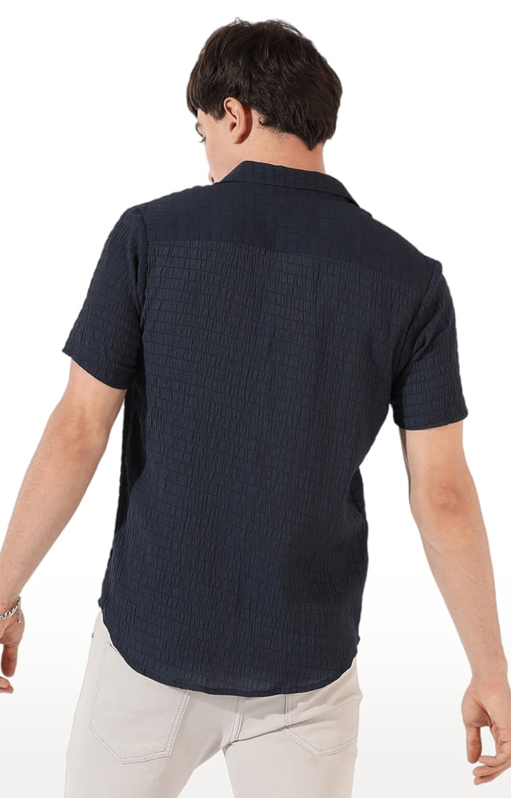 Men's Blue Polyester Textured Casual Shirts