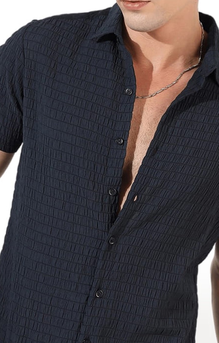 Men's Blue Polyester Textured Casual Shirts