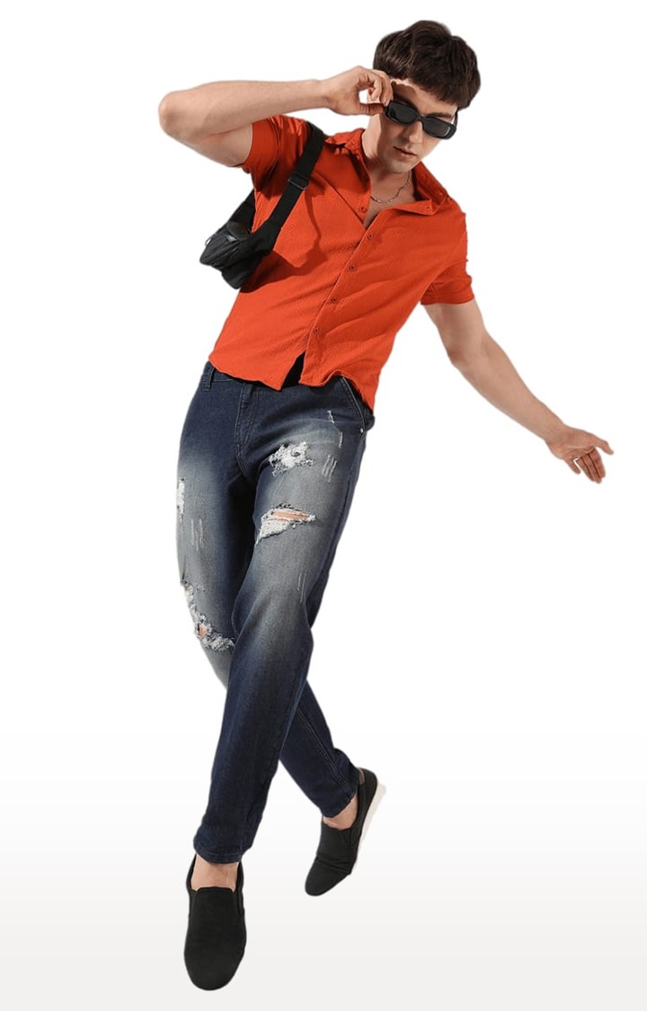 Men's Orange Textured Casual Shirts
