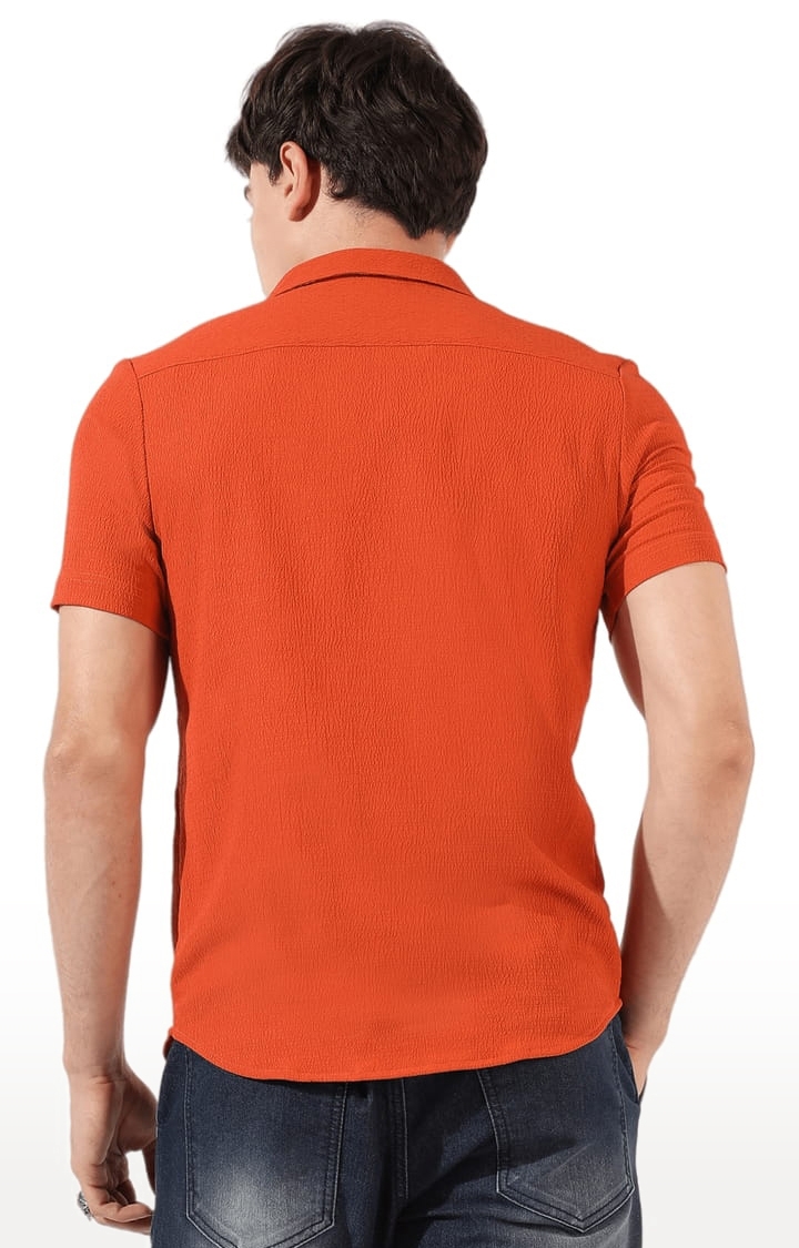 Men's Orange Polyester Textured Casual Shirts