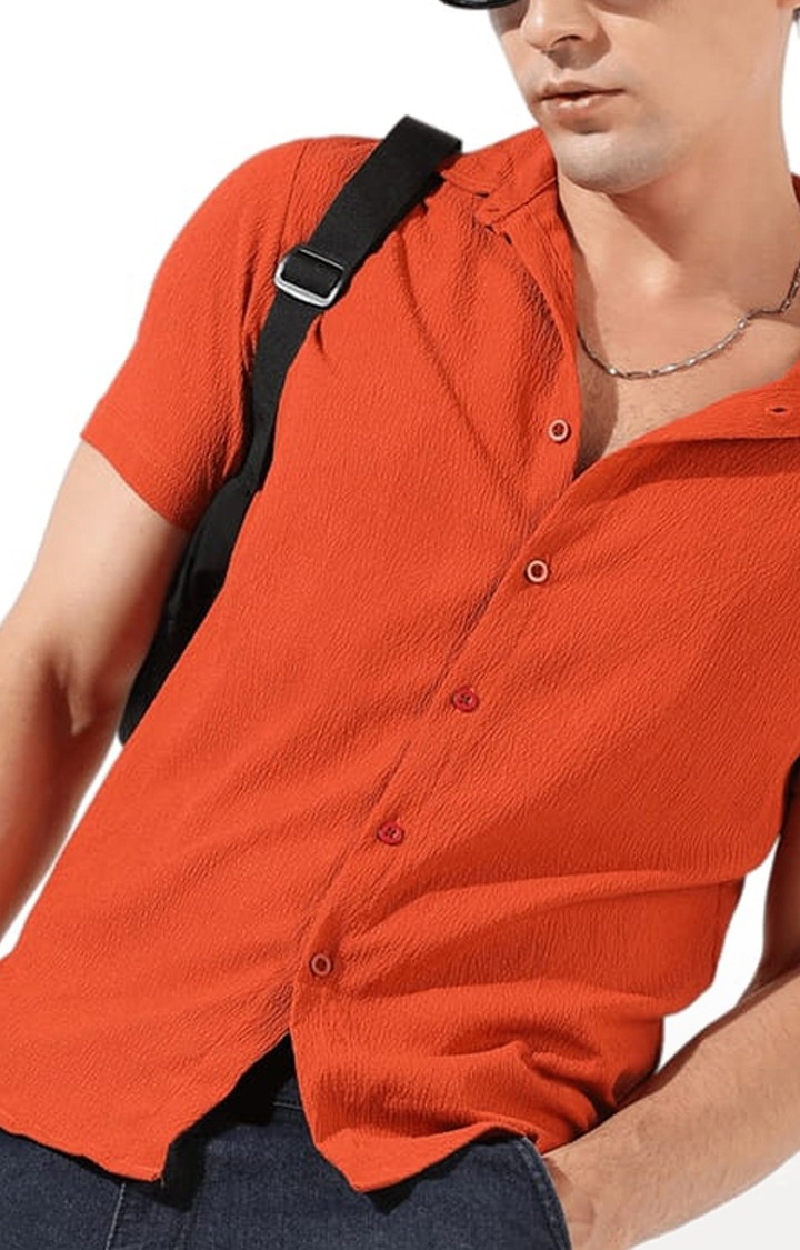 Men's Orange Polyester Textured Casual Shirts