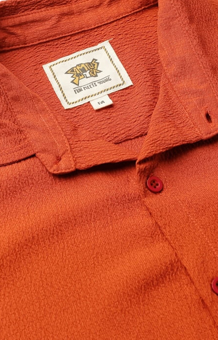 Men's Orange Polyester Textured Casual Shirts