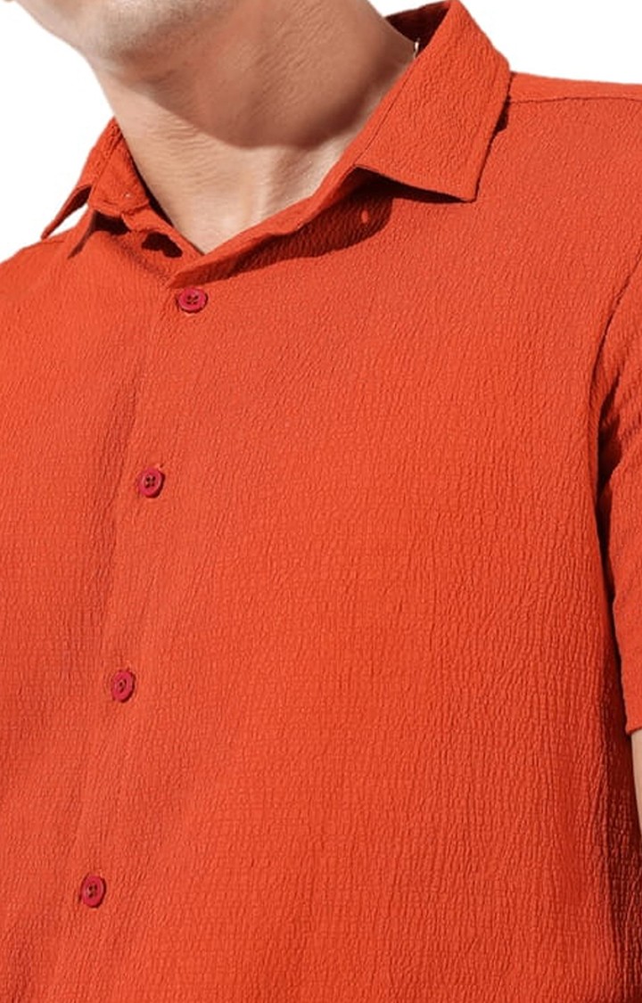 Men's Orange Polyester Textured Casual Shirts