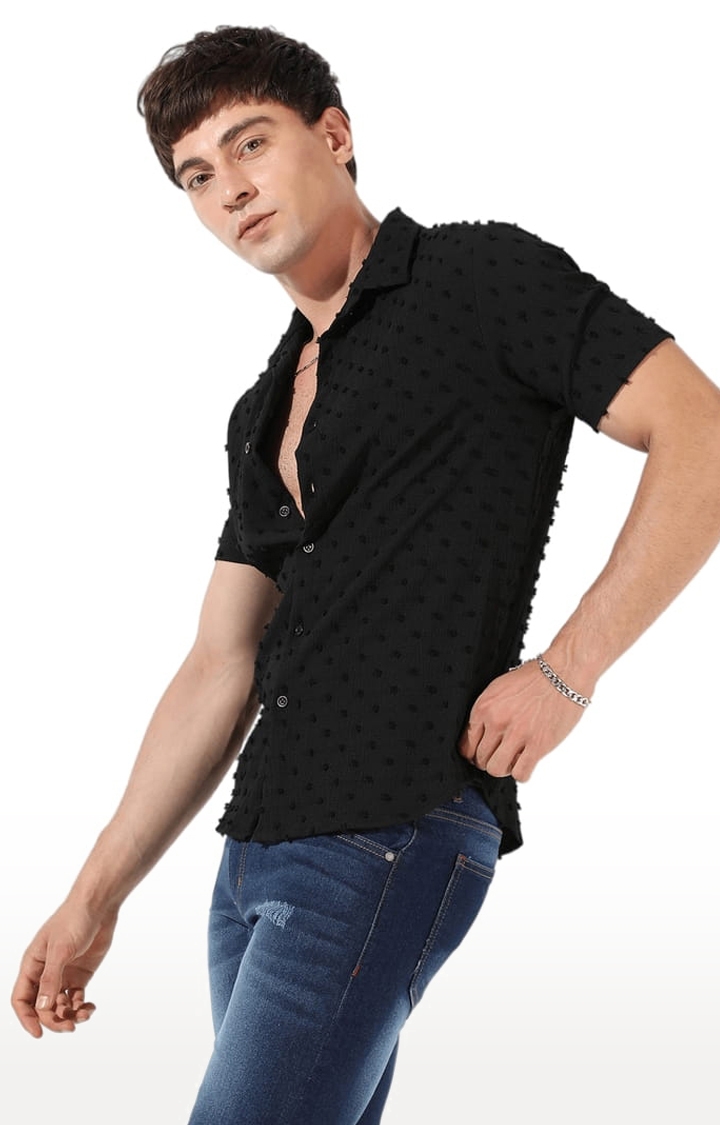 Men's Black Polyester Textured Casual Shirts