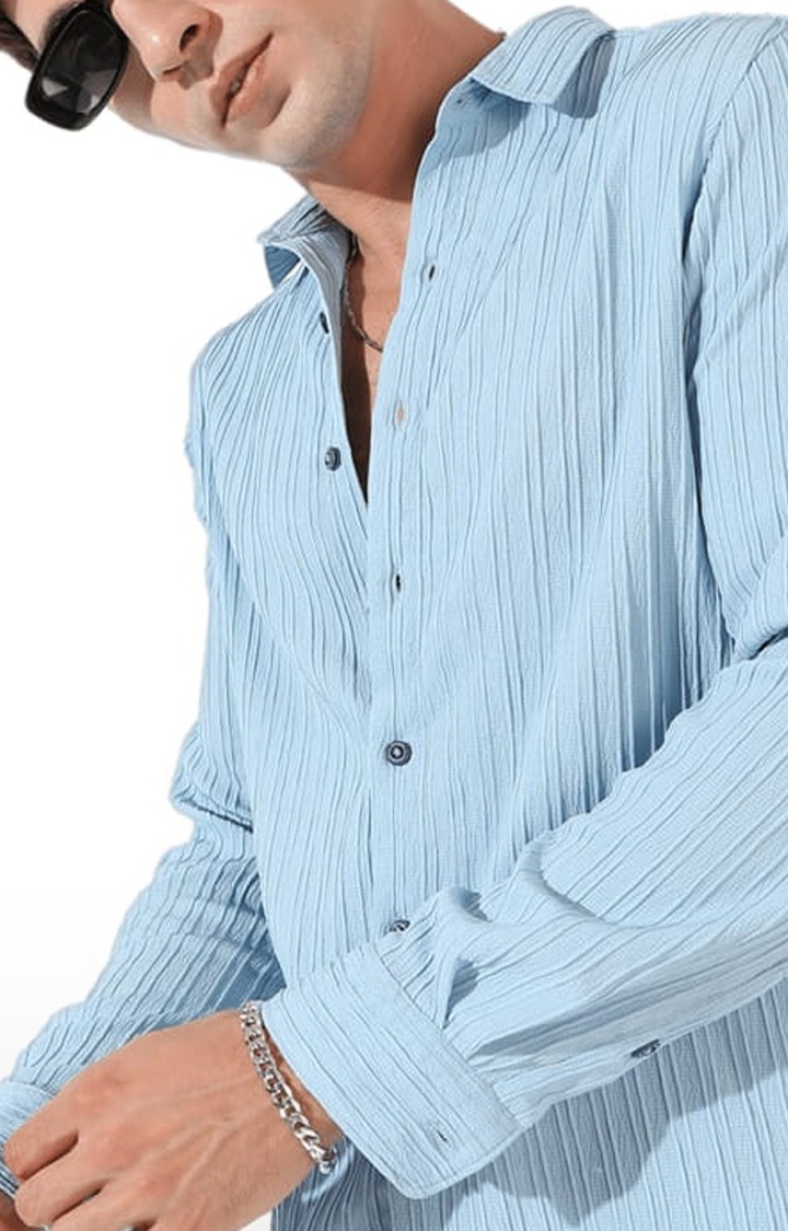 Men's Light Blue Polyester Textured Casual Shirts