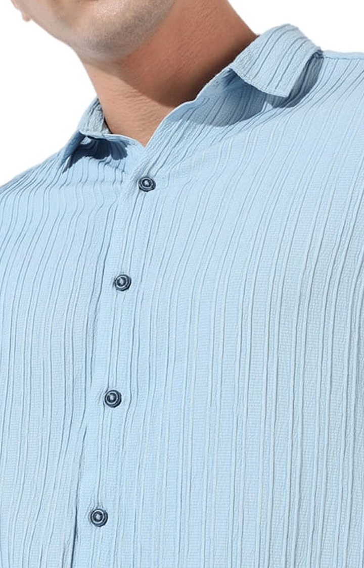 Men's Light Blue Polyester Textured Casual Shirts