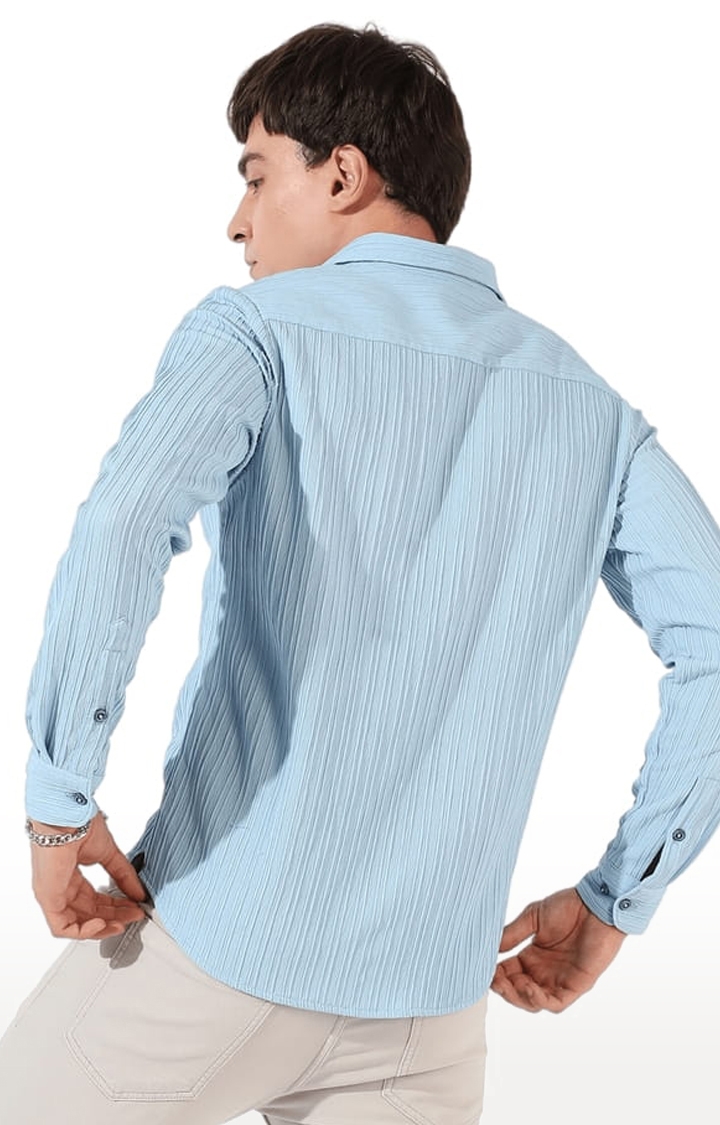 Men's Light Blue Polyester Textured Casual Shirts