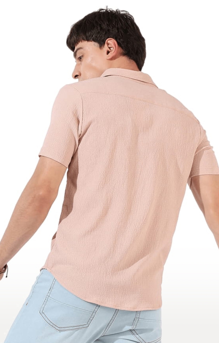 Men's Pink Polyester Textured Casual Shirts