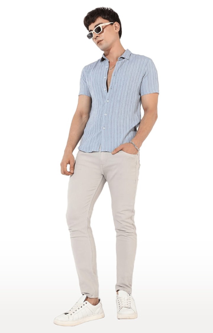 Men's Light Blue Polyester Textured Casual Shirts