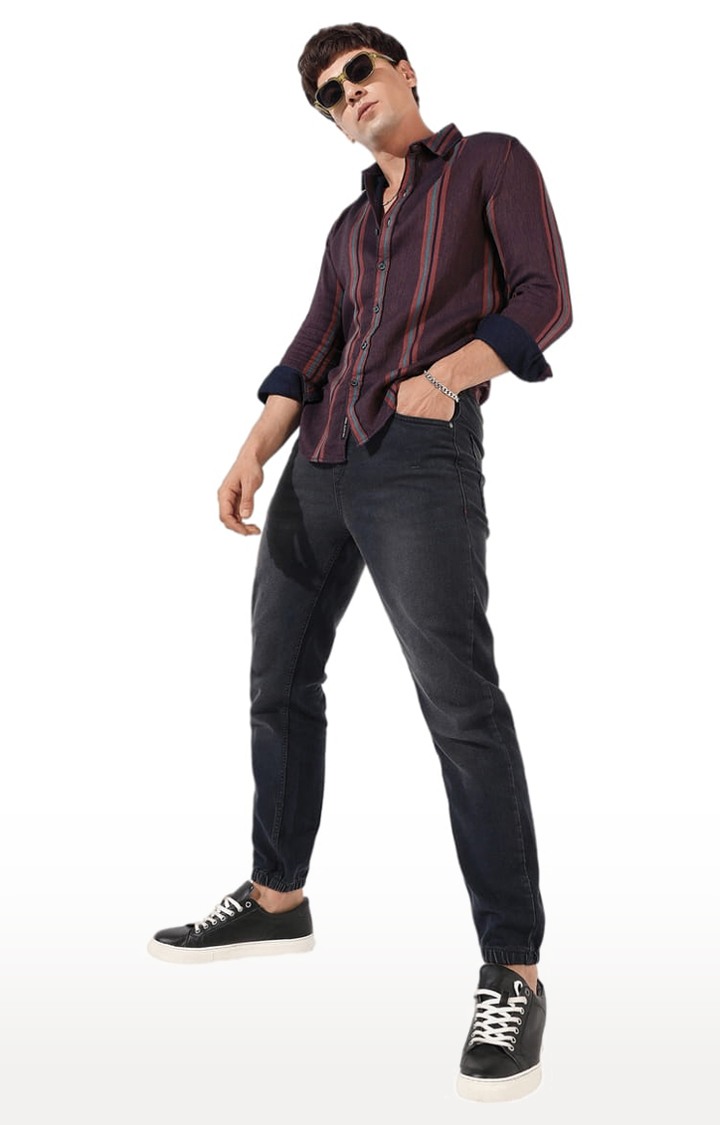 Men's Maroon Cotton Blend Striped Casual Shirts