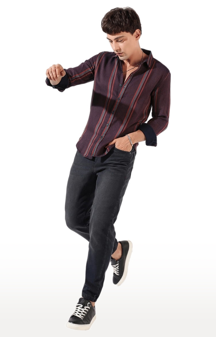Men's Maroon Cotton Blend Striped Casual Shirts