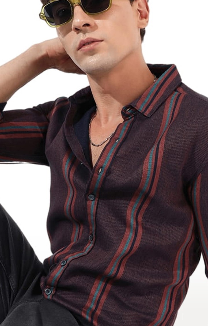 Men's Maroon Cotton Blend Striped Casual Shirts