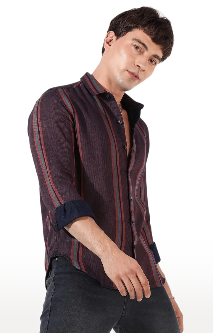 CAMPUS SUTRA | Men's Maroon Cotton Blend Striped Casual Shirts