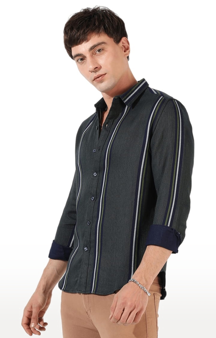CAMPUS SUTRA | Men's Green Cotton Blend Striped Casual Shirts