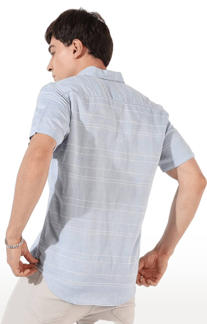 Men's Light Blue Cotton Blend Striped Casual Shirts
