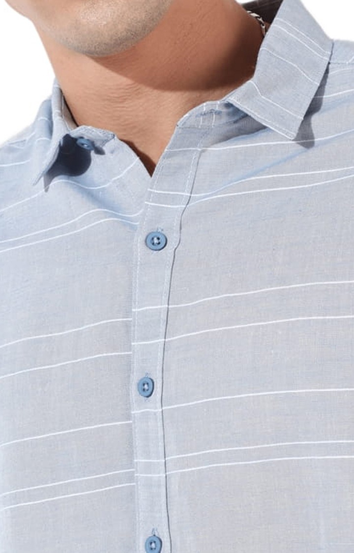 Men's Light Blue Cotton Blend Striped Casual Shirts