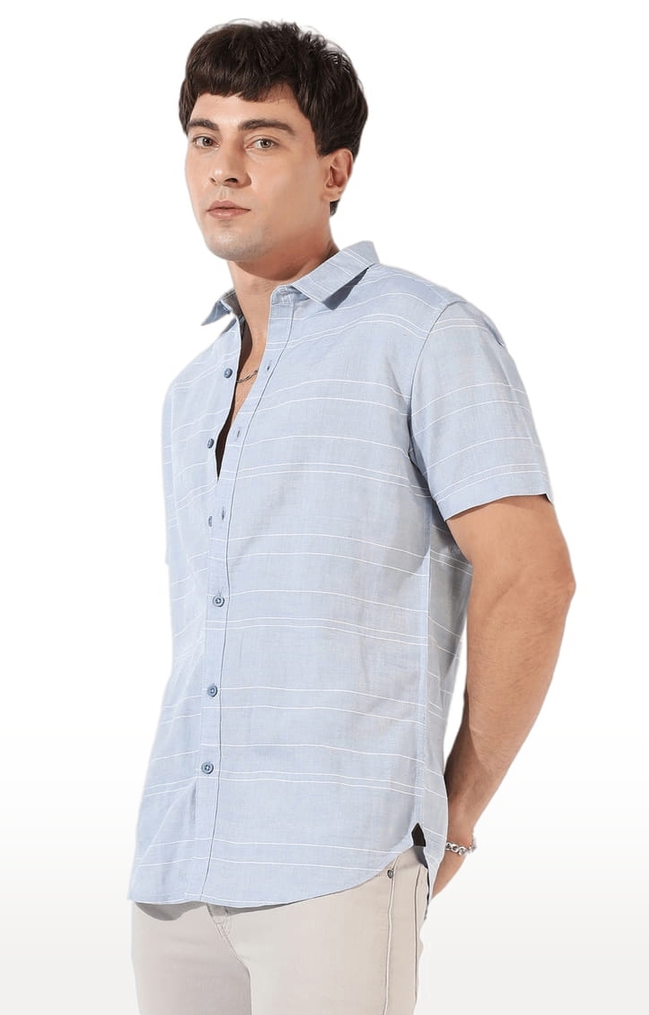 Men's Light Blue Cotton Blend Striped Casual Shirts