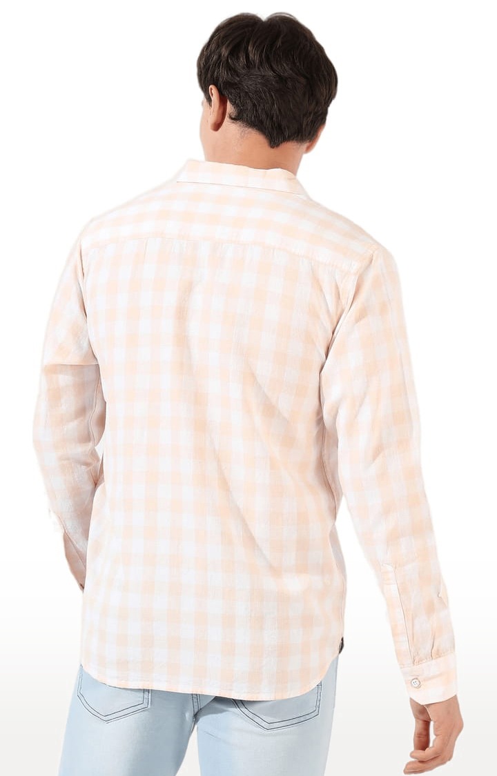 Men's Orange and White Cotton Blend Checkered Casual Shirts