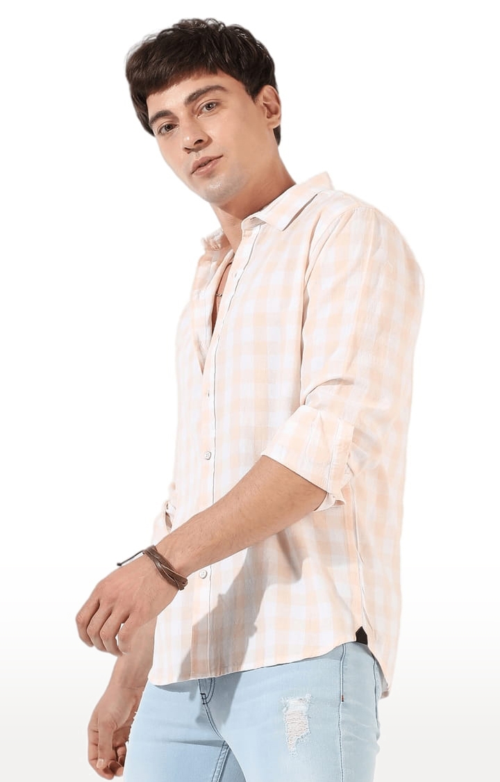 CAMPUS SUTRA | Men's Orange and White Cotton Blend Checkered Casual Shirts