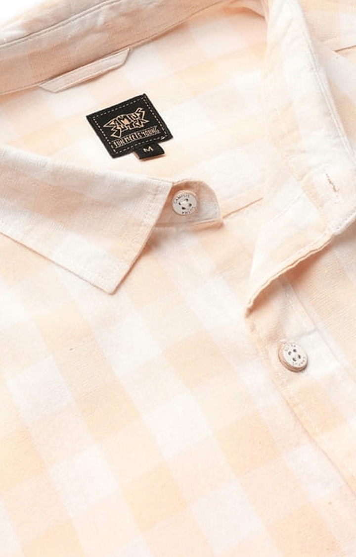 Men's Orange and White Cotton Blend Checkered Casual Shirts