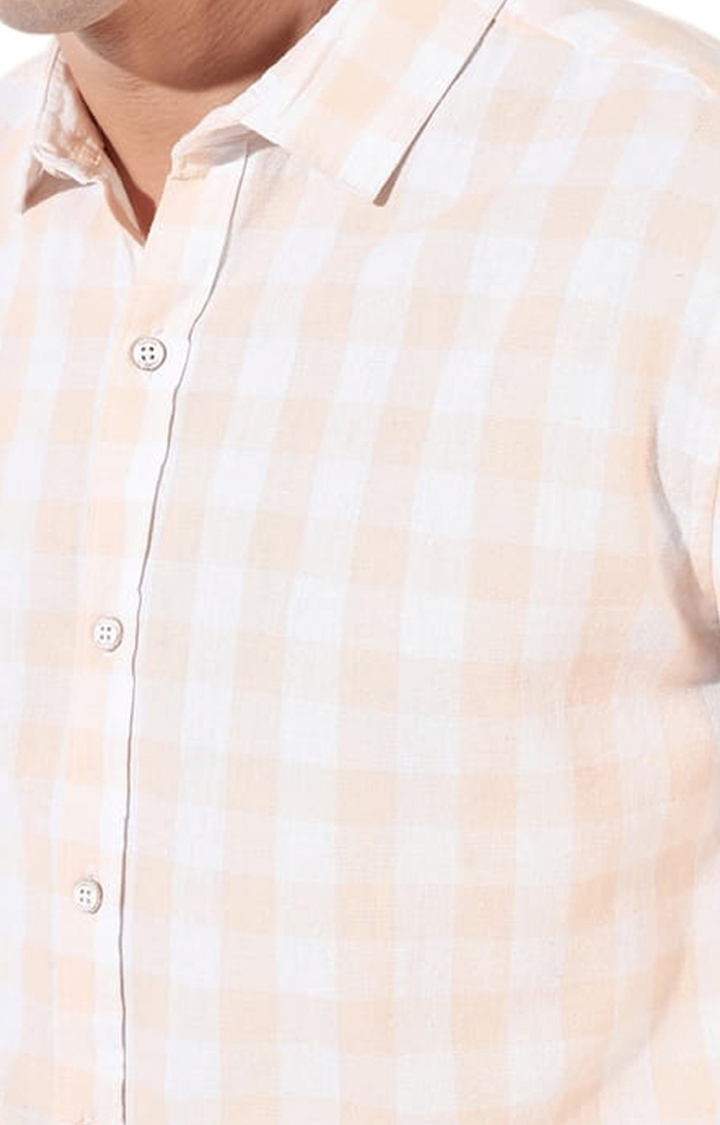 Men's Orange and White Cotton Blend Checkered Casual Shirts